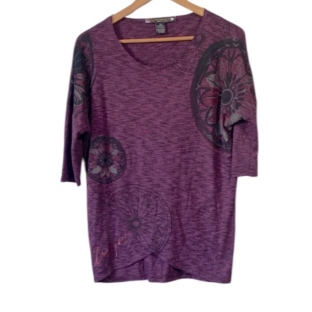 Desigual ladies floral print 3/4 sleeve tunic top shirt purple size Small